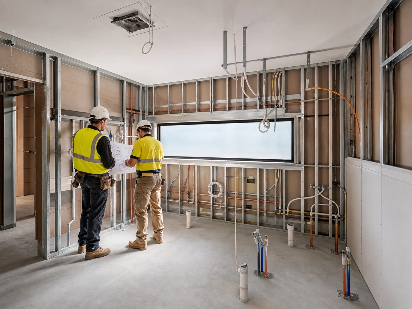 Synthetic visualisation of two workers reviewing plans beside exposed dental services