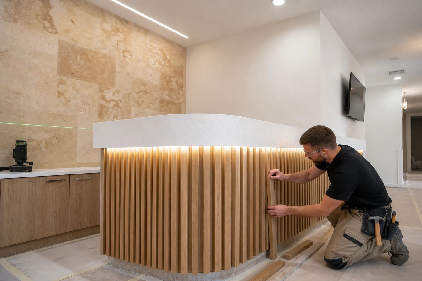 Synthetic visualisation of a joiner aligning oak battens around a curved reception counter