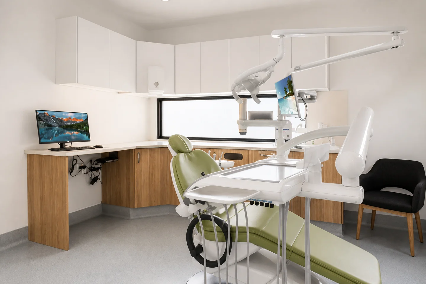Concept image of a dental treatment room with a green chair, oak cabinetry and horizontal window