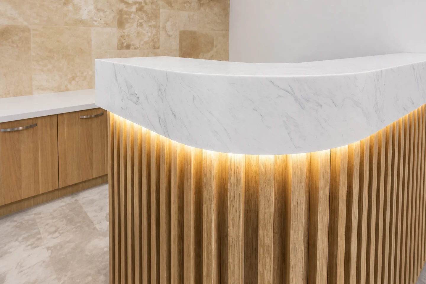 Concept image of a curved white reception counter, oak battens and concealed light