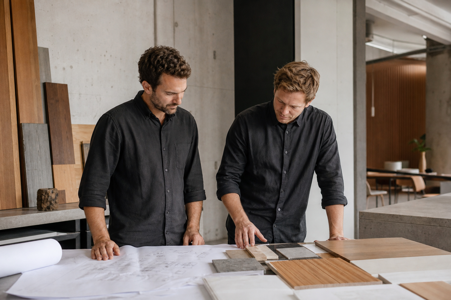 Two fictional co-founder stand-ins reviewing plans and material samples at a studio table